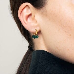 Vintage 18k Gold Plated Green Stone Hoop Earrings